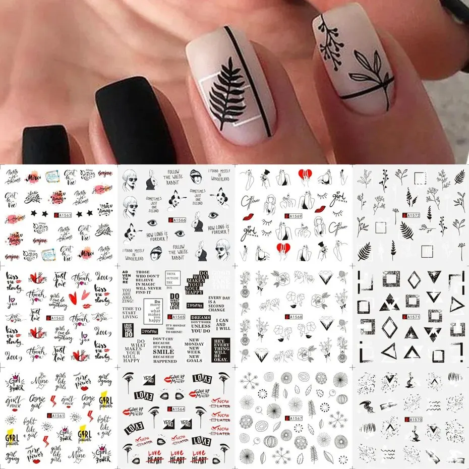 Nail Water Stickers Set Color Block Lines Leaf Flowers Abstract Lady Face Pattern Floral Heart Manicures Decoration 5pcs nail stickers,nail art decoration,nail decals