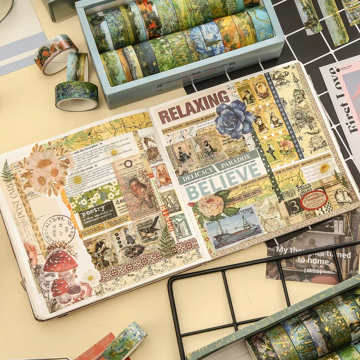 20 롤 빈티지 골드 호일 와시 테이프 세트, 유화 스타일 스크랩북 종이, 문구류, DIY 선물 장식 공예 용품