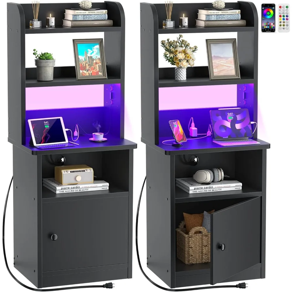 Nightstands Set of 2 with Charging Station & LED Lights - 47" Tall Bedside Table with Adjustable Shelf, Industrial End Table