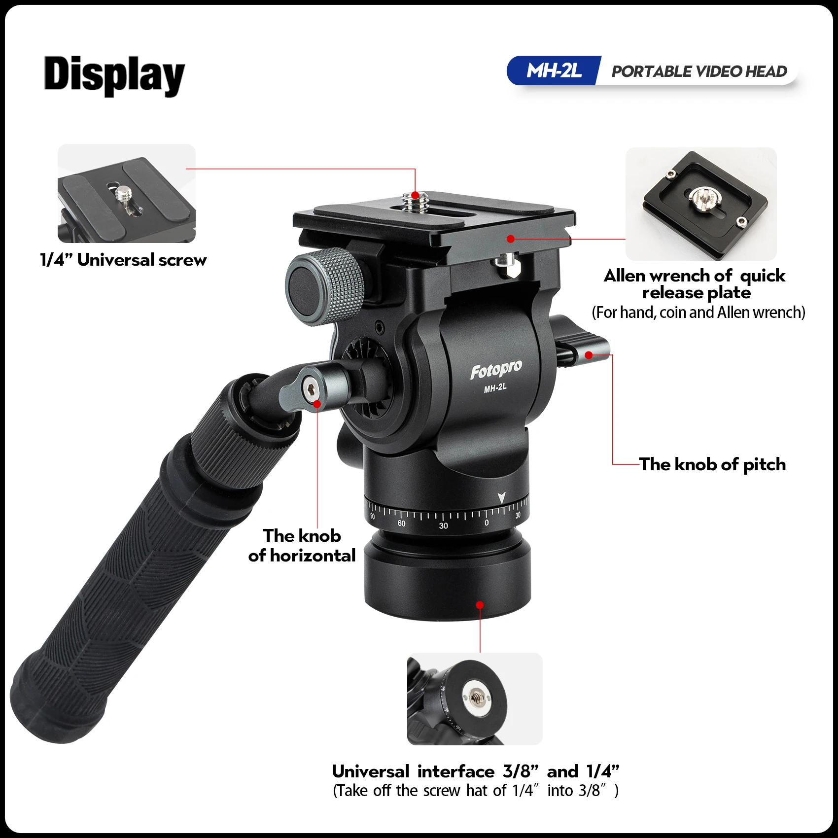 Fotopro MH-2L Video Fluid Head 360&deg; Panoramic Pan Tilt Head with Leveling Base Detachable Handle for X-Aircross 3