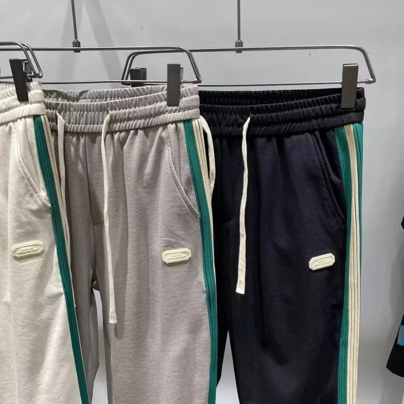 2024 Men's Autumn New American Style Elastic High Waisted Drawstring Patchwork Contrast Color Pockets Slim Straight Casual Pants