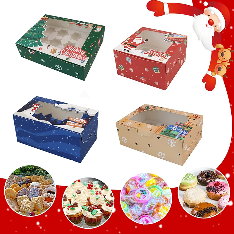 

Рождественская коробка для маффинов на 2/4/6/12 отверстий с окошком, коробки для конфет, шоколада, печенья, Рождественская подарочная упаковка, коробка для подарков на новый год