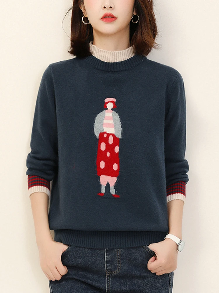 

HCXR Women Sweaters 2023 Winter Korean Style Cozy Turttle Neck Long Sleeve Elegan Knitwear Fake Two Piece CausalPullover Top