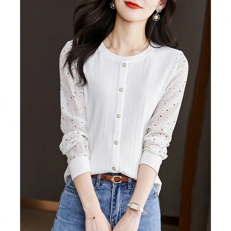 Spring Texture Comfortable Spliced Long Sleeve Women Sweatshirts Fashion Casual Oversized Inside T Shirts Tops Daily Wear White