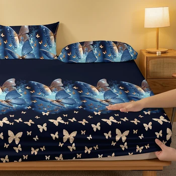 1 Simple modern butterfly printed matte Fitted Sheet, bedroom printed bed cover, bedding (excluding pillowcases) 3