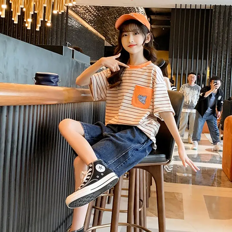 여자 여름 티셔츠 순수 코튼 스트라이프 루즈핏 반팔 탑 캐주얼 트렌디 티셔츠 ..