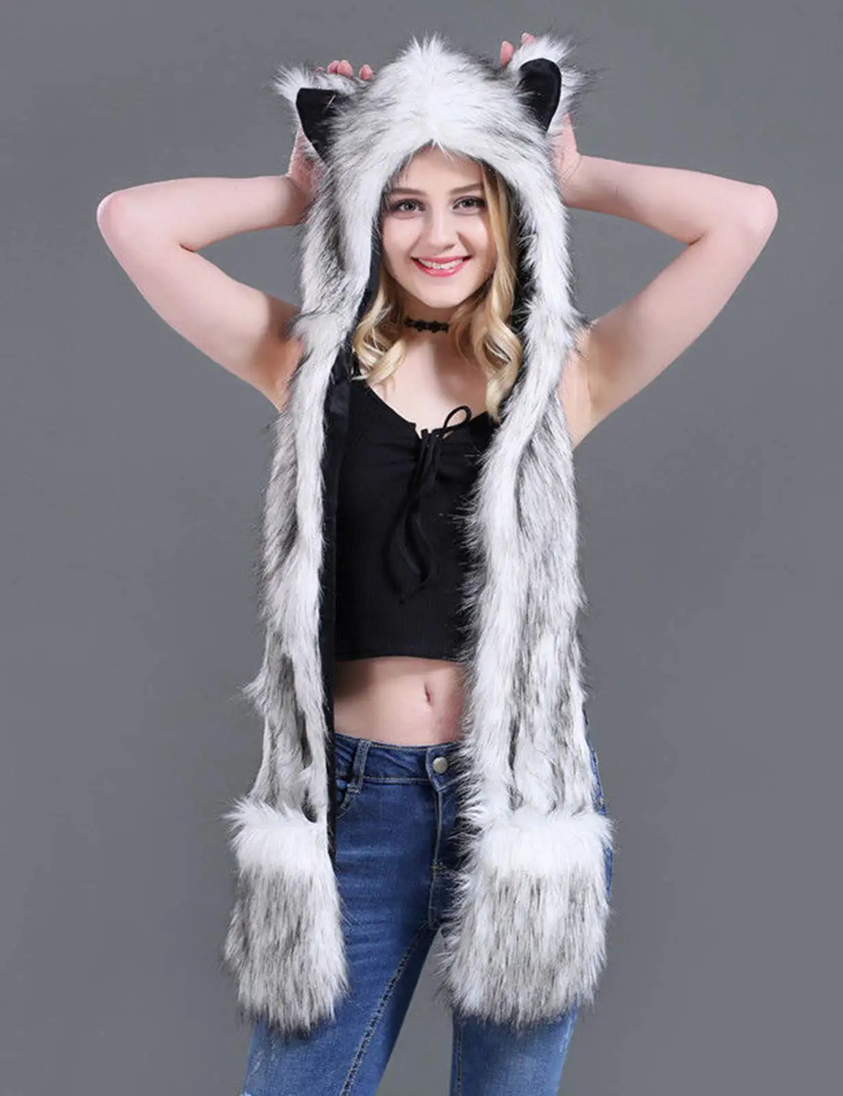 Snow Wolf Faux Fur Hood Animal Hat Ear Gloves 3 in1
