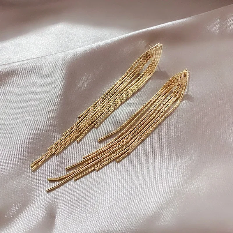 2315474-62be98.jpg Sf72e0c21ce1743f7b75797313bfca2da5 Vintage Long Gold Color Earrings Shiny Thread Tassel Drop Earrings For Women Luxury Hanging Korean Elegant Wedding Party Jewelry Mallzona
