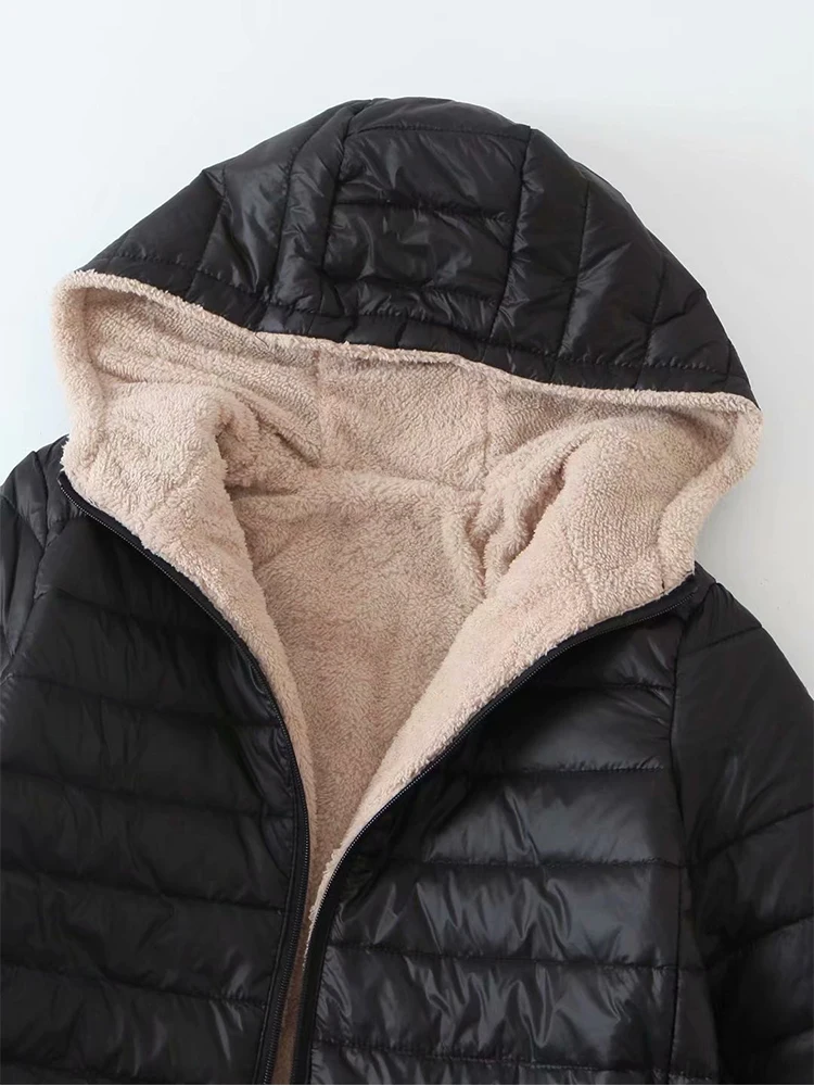 New Mid Length Korean Edition Hooded Fit Women Jackets Autumn Winter Mid-length Office Cotton Coats Warm Lamb Fleece Parkas 6