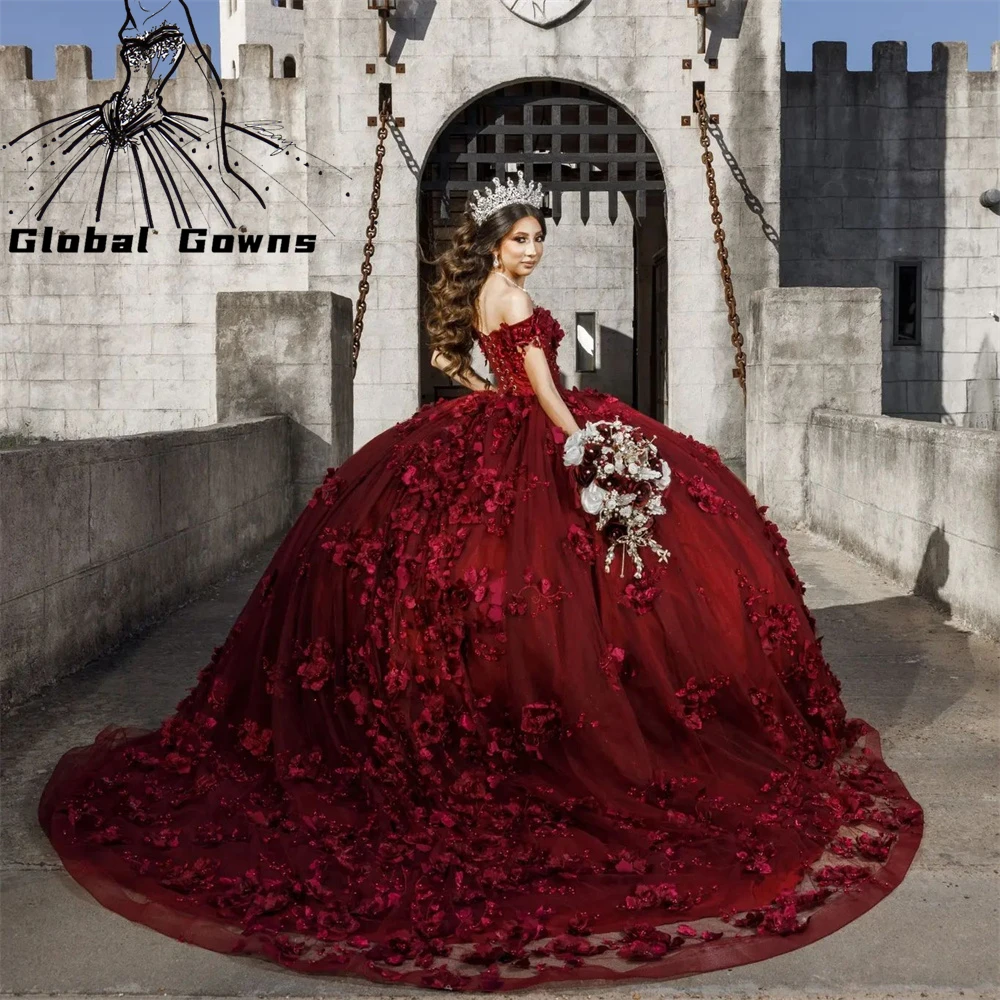 

Red Off The Shoulder Ball Gown Quinceanera Dress Beaded Birthday Party Gowns 3D Flowers Sweet 16 15 Robe De Bal