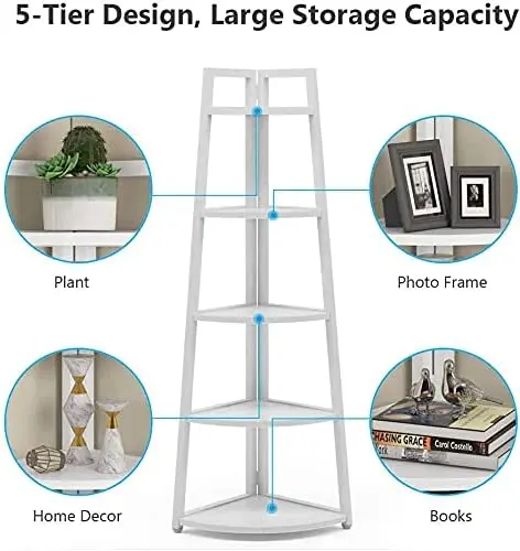 5 Tier Corner Bookshelf and Bookcase, 70 inch Tall Corner Shelves Standing Shelving Unit Indoor Plant Stand