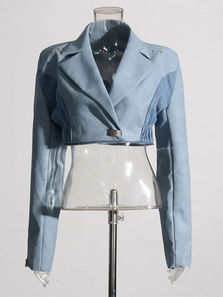 KBQ Colorblock Detachable Hem Blazers For Women Notched Collar Long Sleeve Spliced Zipper Loose Casual Blazer Female Fashion New