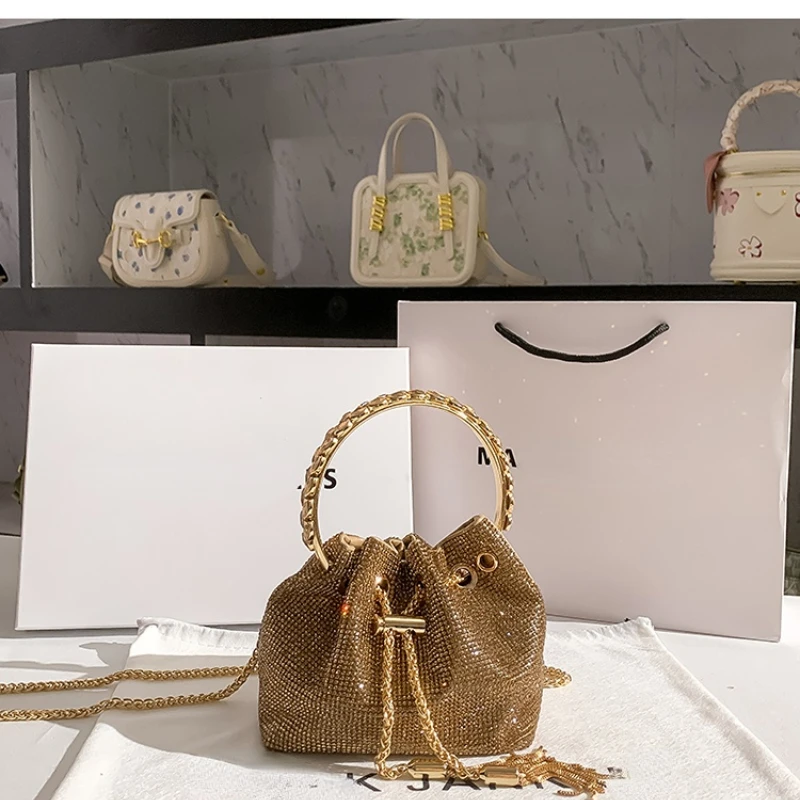 

Gold Diamond Evening Clutch Bag Wedding Party Luxury Designer Shiny Rhinestone Bucket Purse Women Handbag Shoulder Messenger Bag