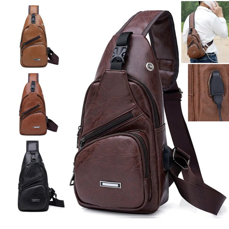 Cross-Border PU Shoulder Bag Men'S Charging Bag Men'S USB Chest Diagonal Package Messenger Chest mens messenger bag