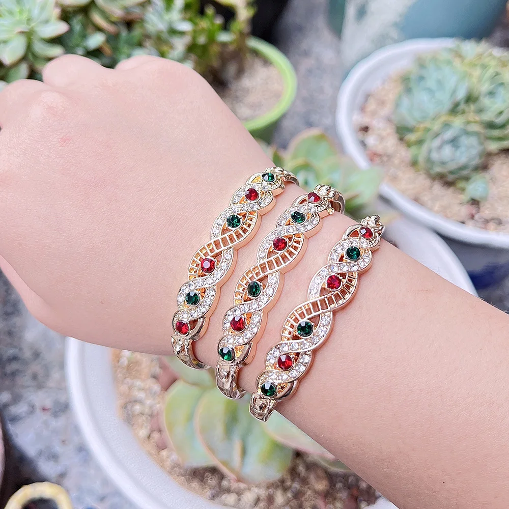 Gold Color Arabic Cuff Bracelet for Women Algeria Morocco Bride Wedding Jewelry DuBai Rhinestone Thin Bangles