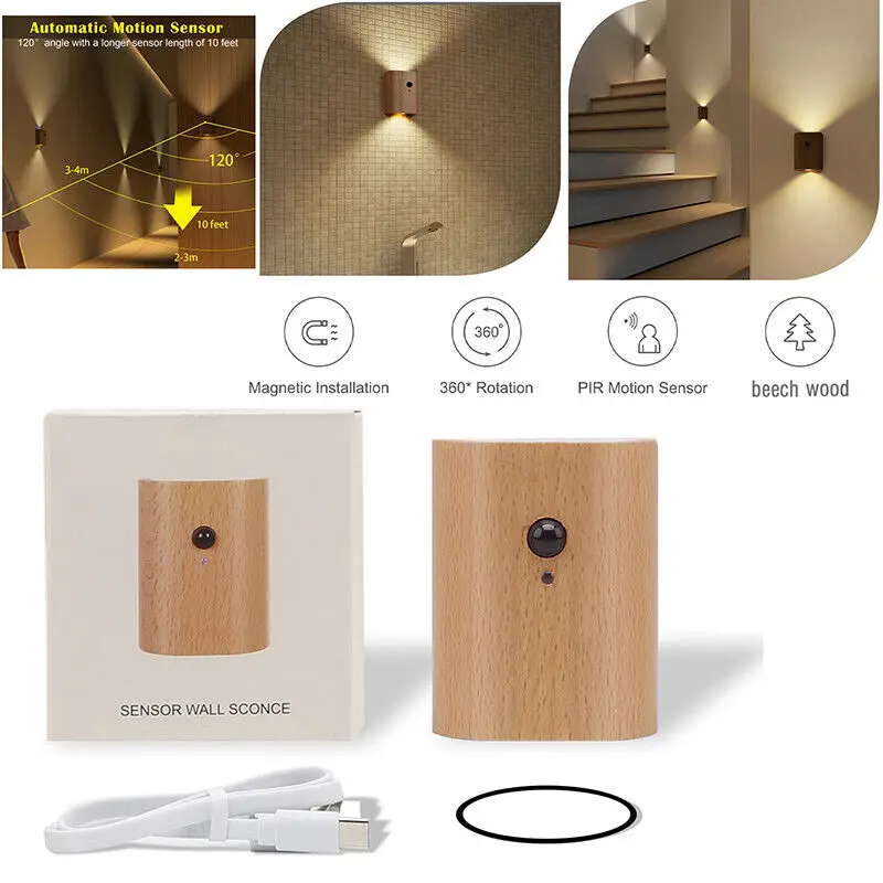 

USB Rechargeable LED PIR Induction Night Light Motion Sensor Indoor Sconce Wall Lamp Wireless Indoor Home Stair Bedroom