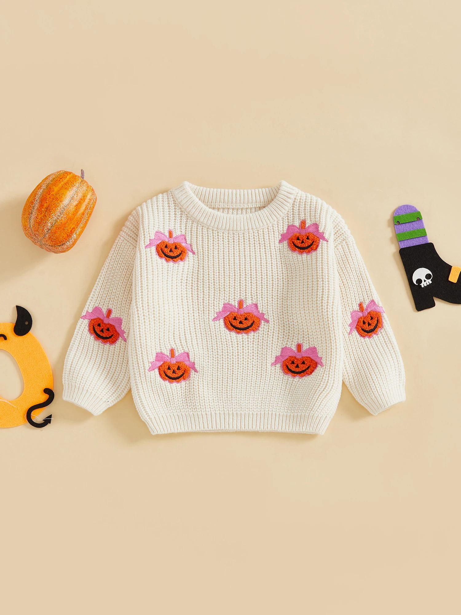 FOCUSNORM 0-5Y Schöne Baby Jungen Mädchen Halloween Pullover Langarm Rundhals Schleife Kürbis Stickerei Stricken Pullover Tops – Detail 2