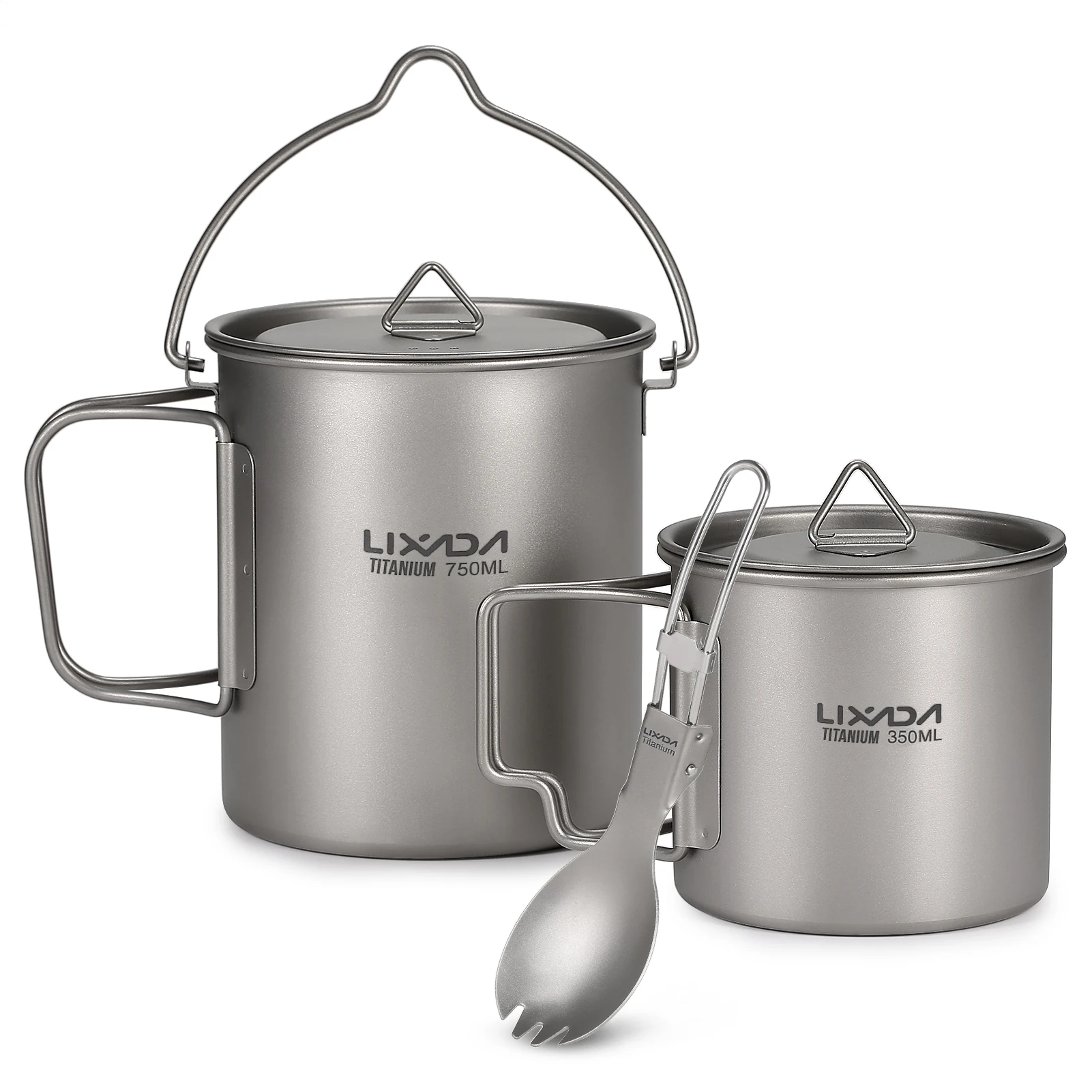 

Lixada Titanium 3 Pieces Set Titanium 750ml Pot 350ml Water Cup Mug with Lid Collapsible Handle Folding Spork Camping Equipment