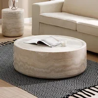 Round Coffee Table, 39.37” Tea Faux Travertine Textured Tables Fiberglass Side Tables End Table for Living Room, Apartment 1