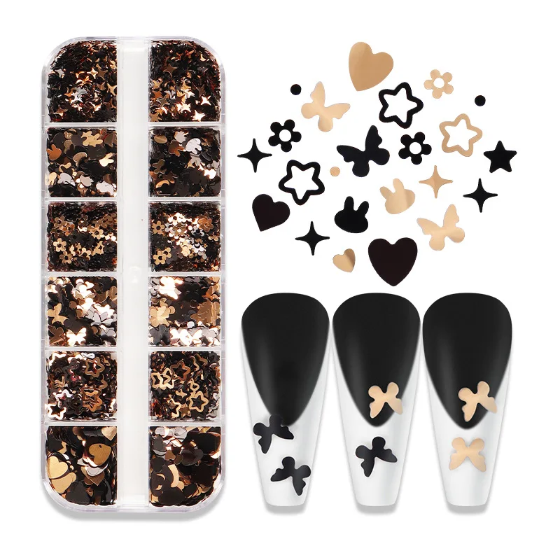 

12Grids Gold Butterflies Bunny Nail Sequins Charms Mixed Black Love Heart Flakes DIY Nail Supplies for Professionals Accessories