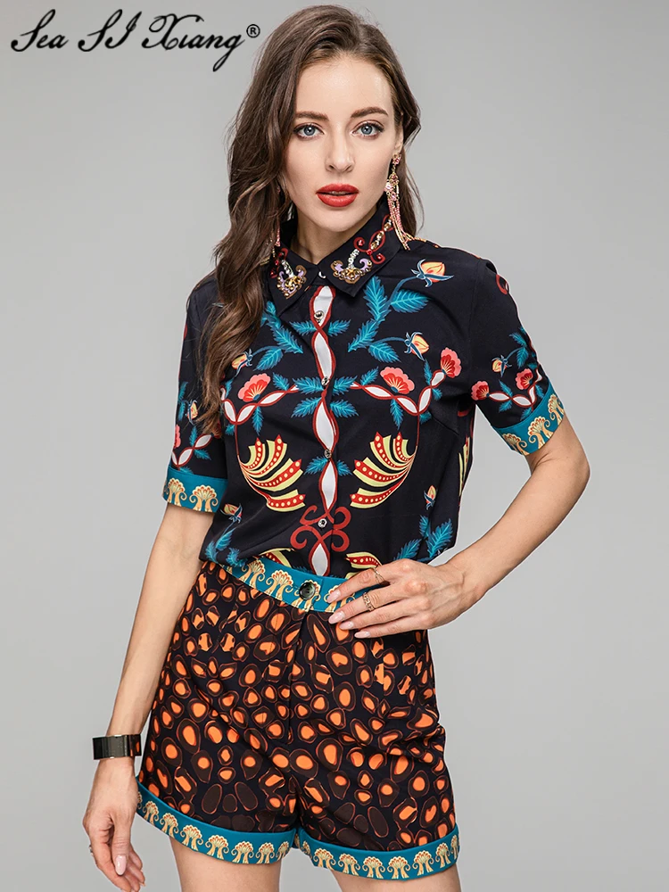 

Seasixiang Fashion Designer Summer Women Suit Crystal Turn-down Collar Single Breasted Top+Shorts Indie Folk Print 2 Pieces Set