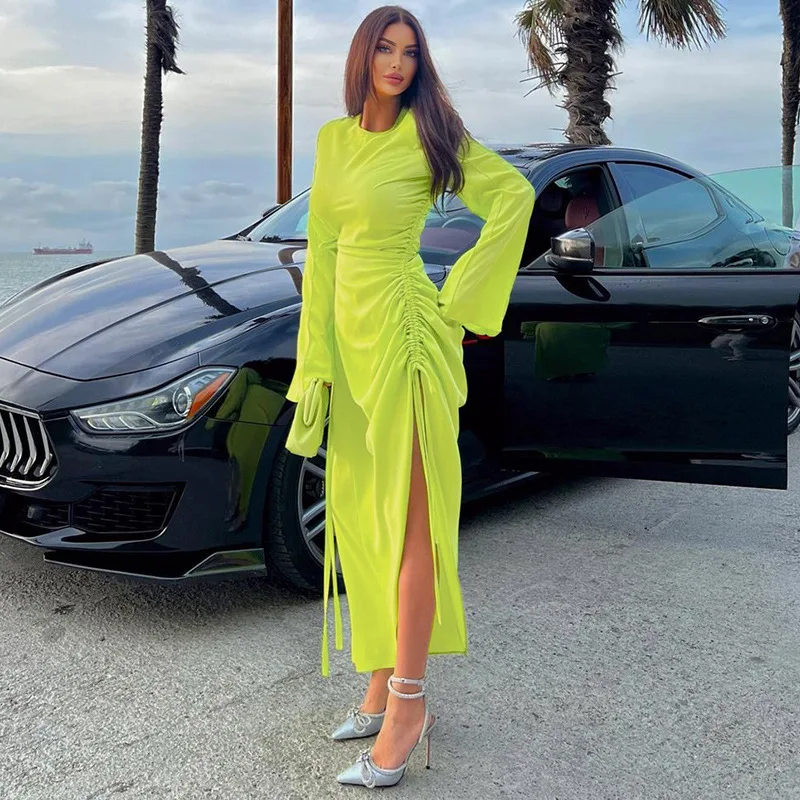 

Women's Dress In Autumn 2022 New Fashion Sexy Split Drawstring Slim Round Neck Dresses Mujer Vestido