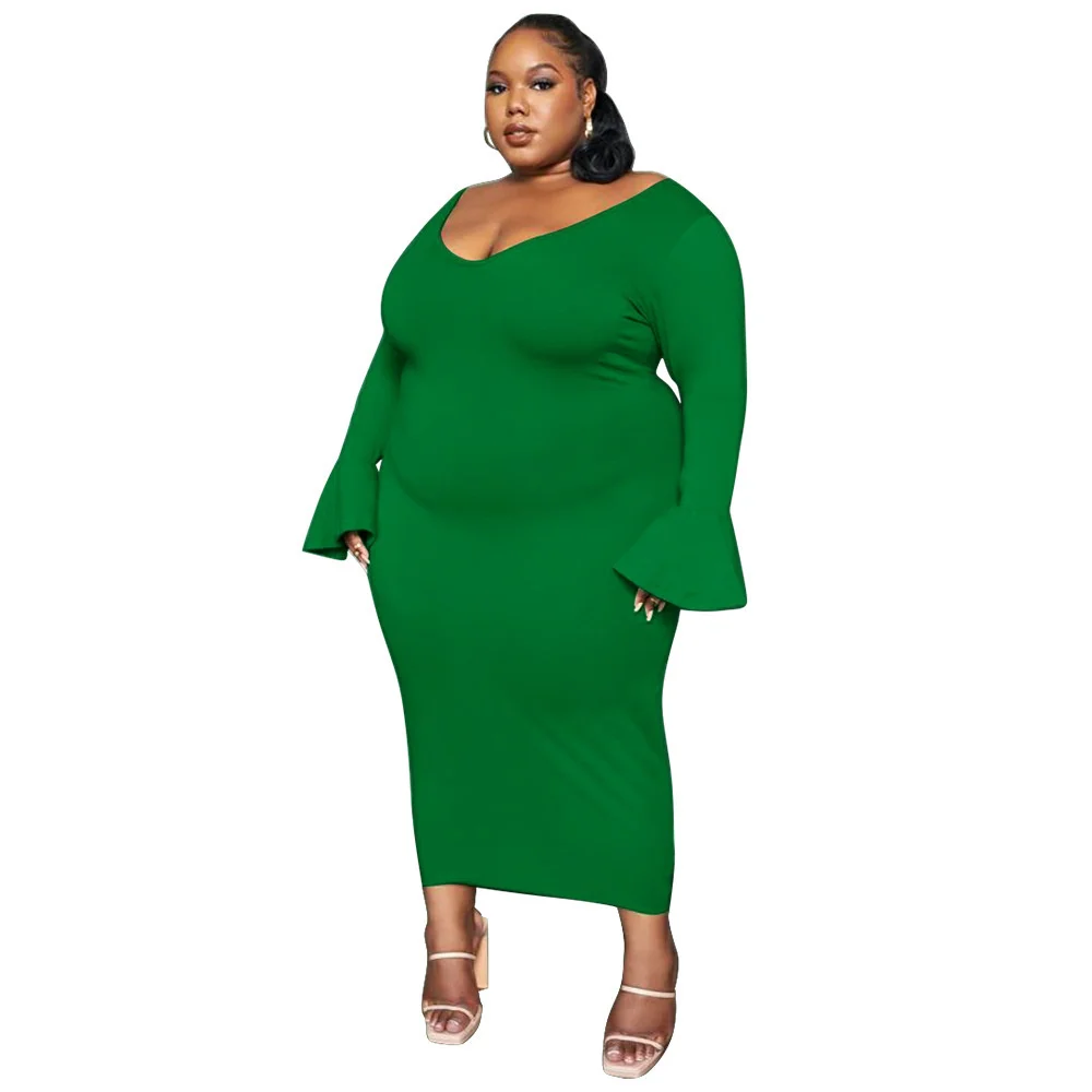 

Plus Size Women's Dresses Fashion Sexy Pure Color Temperament V-neck Long Dress 2023 Spring New Flared Sleeve Elegant Dresses
