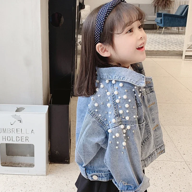 여아용 진주 비즈 데님 재킷, 패션 코트, 어린이 의류, 가을 소녀 의류, 겉옷 진 재킷 코트