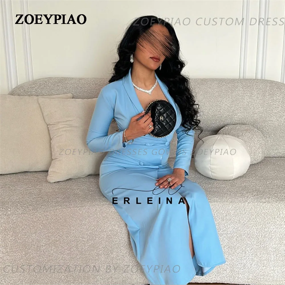 Formal Sky Blue Arabia Prom Dresses Sheath Long Sleeves Front Slit Formal Evening Dress Vestidos Arabic Women Party Gowns 2024 light sky blue two pieces evening gowns saudi arabia long sleeves gold appliques prom dresses dubai robe de soiree custom made