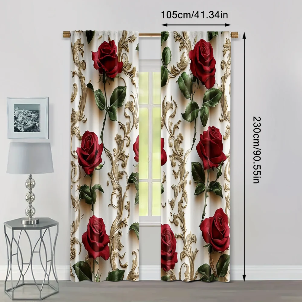 2pcs, Upscale Curtains 2D print Red Roses & Golden Floral Pattern Polyester Woven (without rod) All Seasons for Bedroom and 4