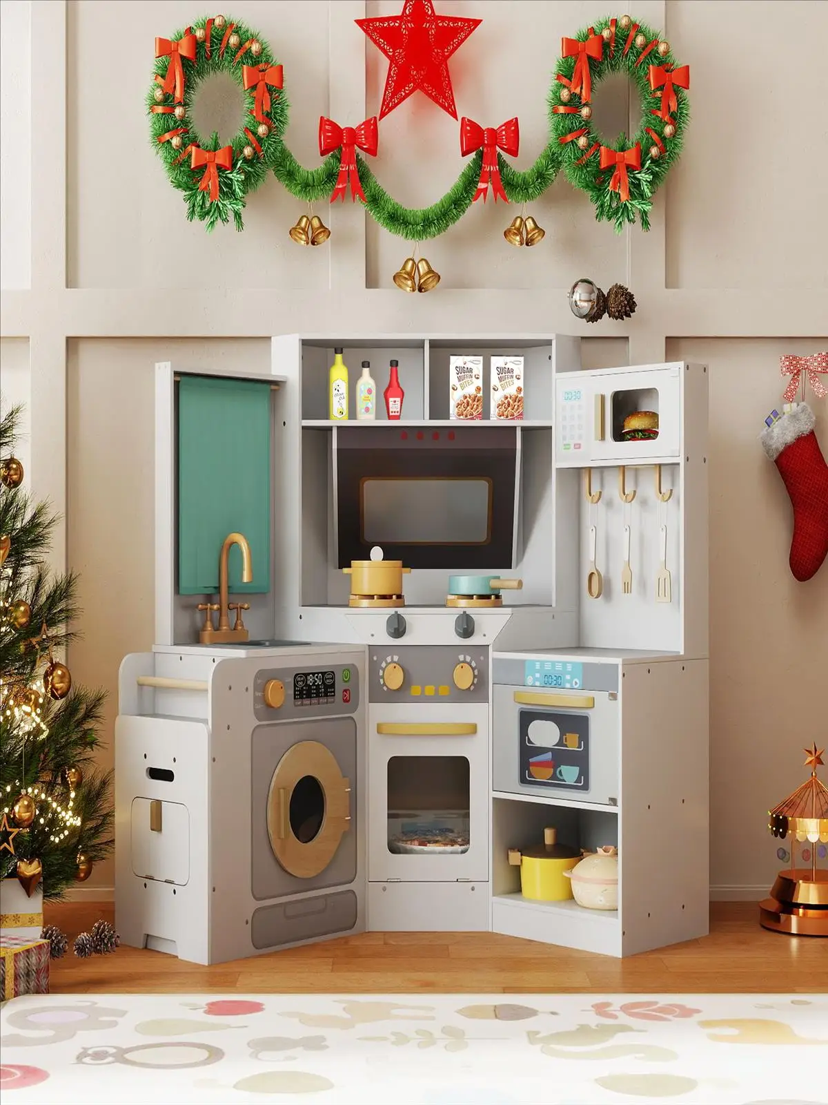 Kinderküche mit Kochzubehör, Eckspielküche mit Licht und Ton, Holzküche mit ausziehbarem Behälter – Detail 1