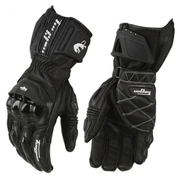 Black Genuine Leather Motorcycle Racing Gloves - White Road Riding Team Glove, Summer/Winter Wearable - M (Long Gloves Black)
