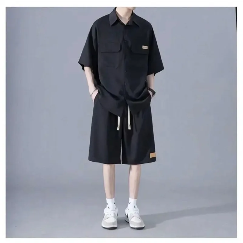 Spring Summer Fashion Short Sleeve Popularity Men's Clothing Korean Style Casual All Match Loose Rope Hombre Solid Sport Sets