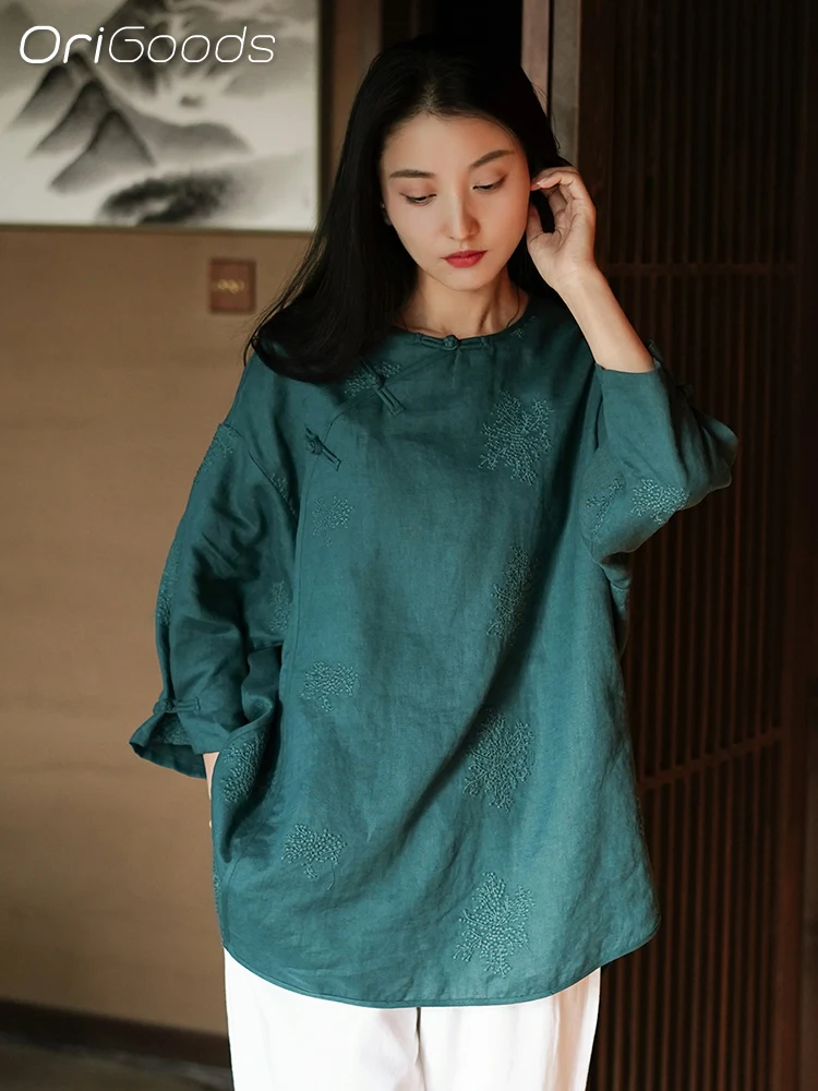 

OriGoods Oversize Long Linen Shirt Women 2024 Summer New Asian Chinese style Top Clothes Loose Casual Linen 100% Blouse Q081