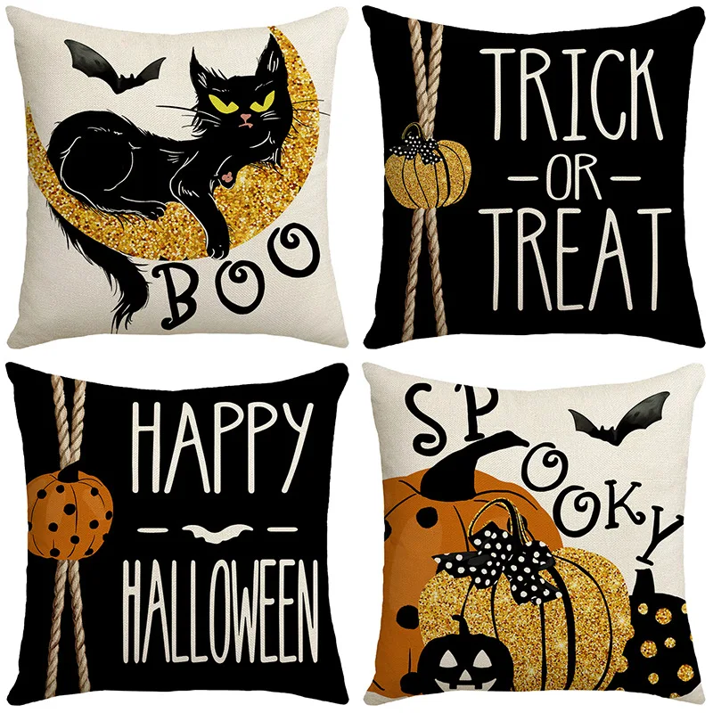 

2023 Halloween Decoration Cushion Cover 18x18 Inches Linen Pillow Cover Cat Pumpkin Candy Print Pillowcases Couch Cushion Case