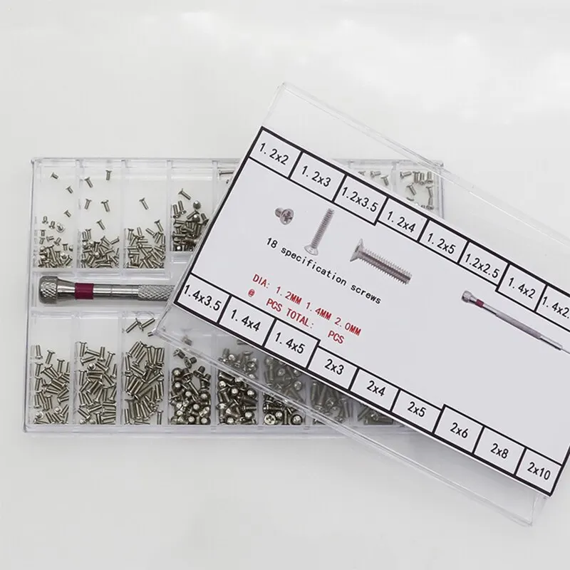 500pcs 작은 나사 너트 + 스크루 드라이버 시계 전자 안경 나사 링크 핀 시계 제작자 도구