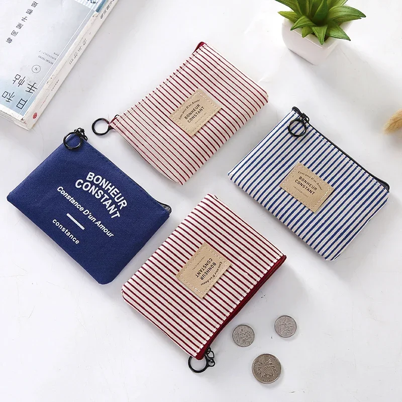 Women Coin Purse for Girls Small Stripe Canvas Zipper Coin Pouch Girl Kawaii Small Bags Cute Earphone Key Holder Bag Wallet