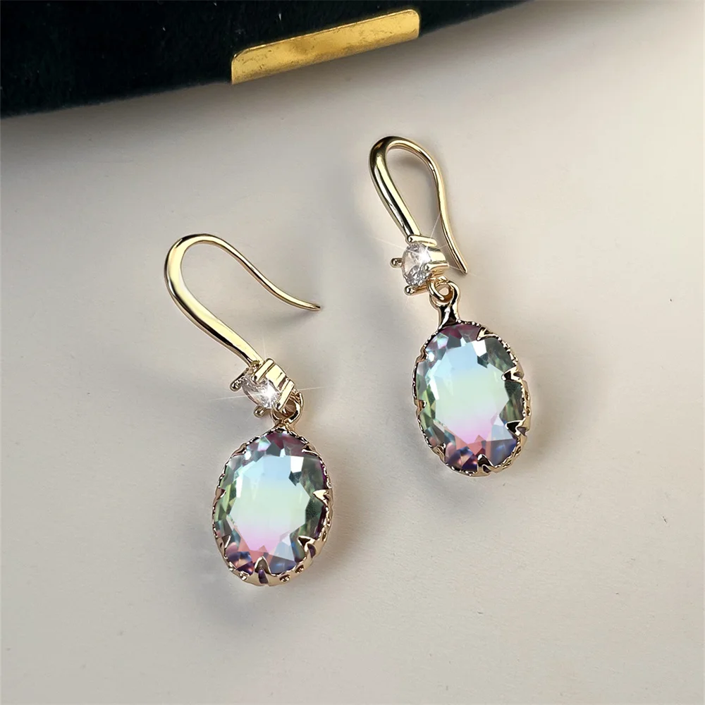 Rainbow Crystal Oval Stone Long Dangle Earrings For Women Vintage Gold Color Multicolor Zircon Drop Earring Wedding Jewelry Gift