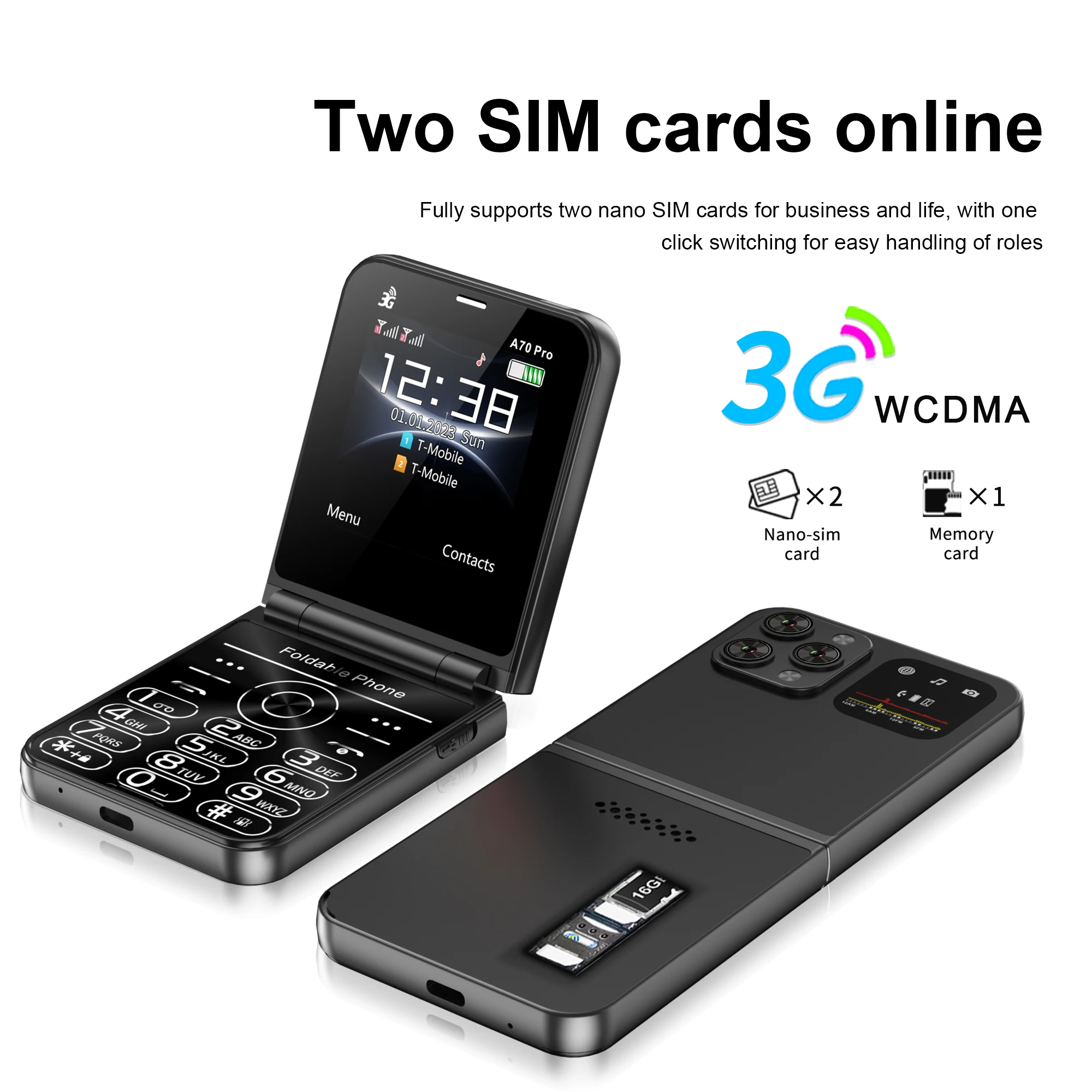 SERVO A70 PRO Flip Mobile Phone 3G WCDMA Speed Dial MP4 Player Flashlight FM Radio Foldable 2 SIM Standby Feature Phones Type-C 6