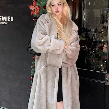 Lautaro 여성용 긴 오버사이즈 모피 코트, 푹신하고 두껍고 따뜻한 인조 밍크 모피 코트, 고품질 럭셔리 디자이너 의류, 모피 오버코트