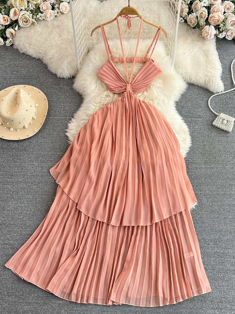 

Women Sexy Beach Dress Summer V-neck Backless Chiffon Long Dresses Ladies Elegant Slim A-line Pleated Boho Long Robe Vestidos
