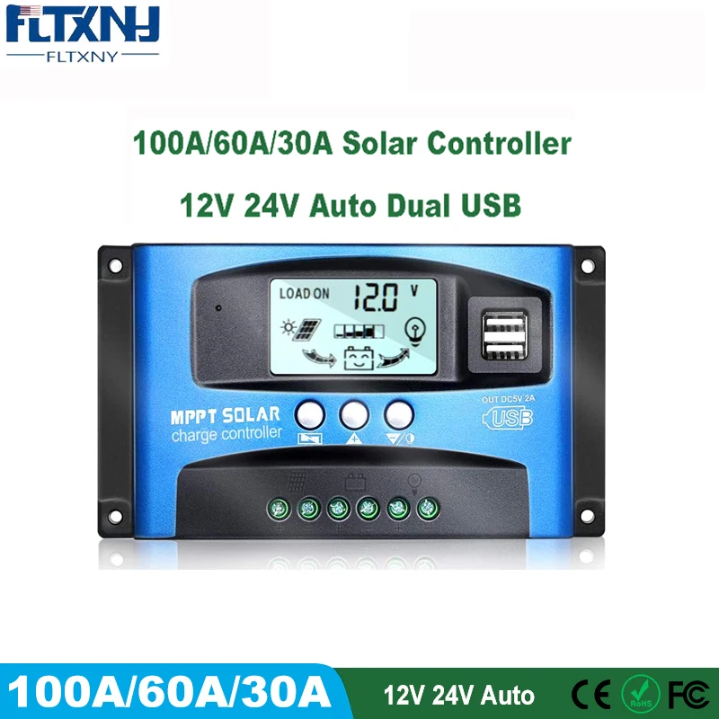 Fltxny 12V 24V Riconoscimento Automatico Pannello Solare Regolatore Fotovoltaico Caricabatteria Pwm Regolatore Di Carica Solare Lcd Dualusb 5V Uscita