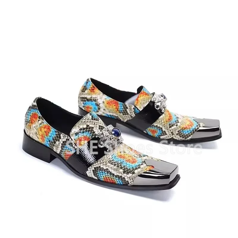 Fashion Print Mixed Color Loafers for Men British Style Metal Square Toe Chunky Heel Slip-On Shallow Oxfords Male Dress Shoes