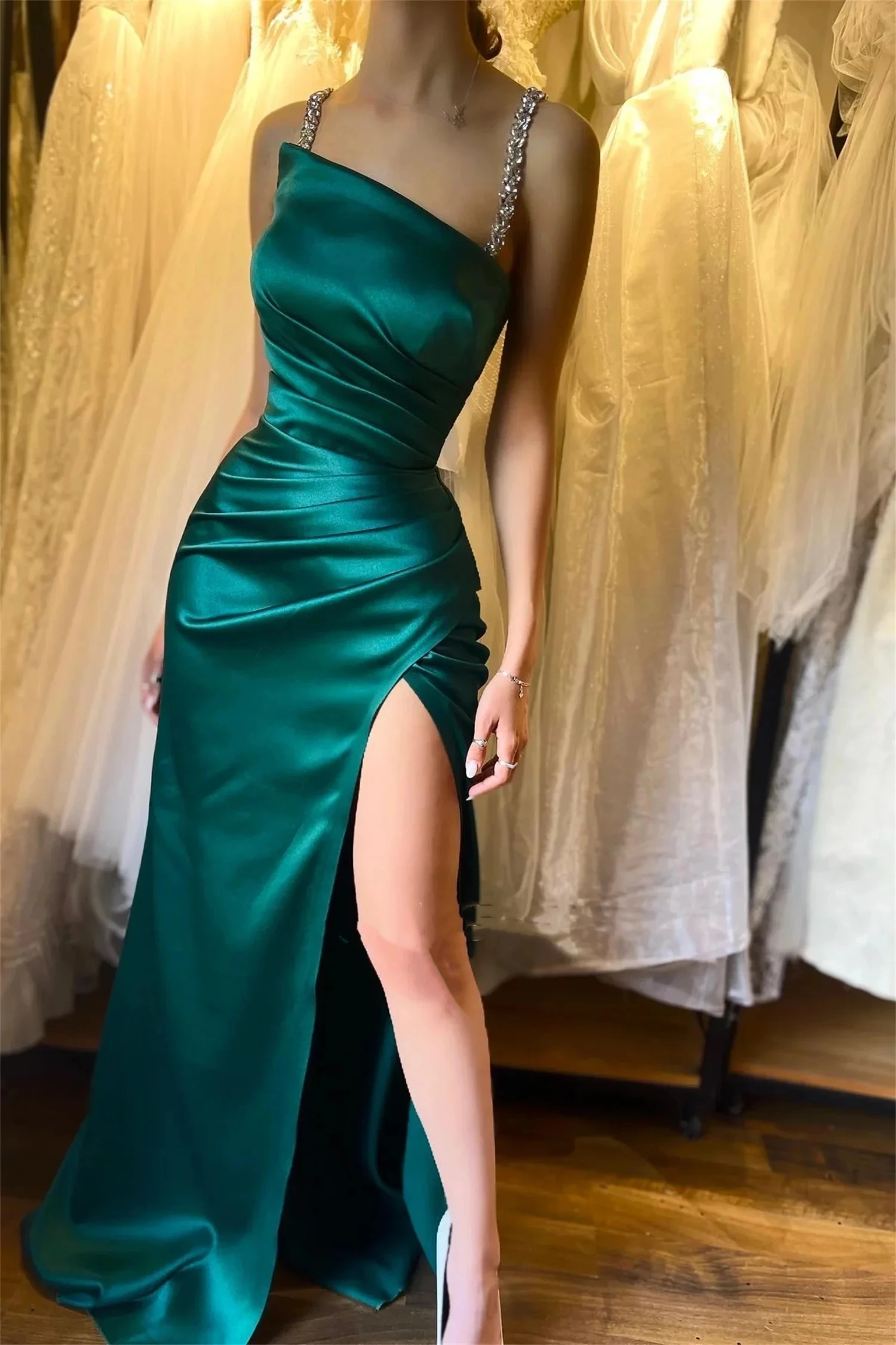 

Sexy Green Satin Mermaid Glitter Suspenders Evening Dress Gala Woman Party Dresses Luxury 2024 Women Elegant Gown Prom Coupon