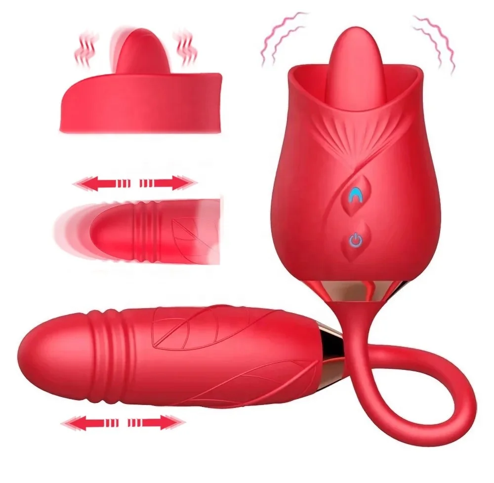 Rose-Licking Vibrator Nipple Clitoral Stimulator Massager Thrusting Dildo 2 in 1 Sex Toy For Women