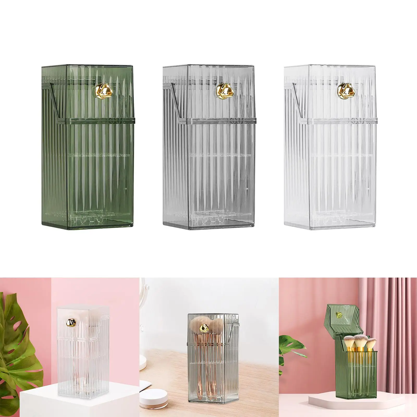 Makeup Brush Holder Desktop Organizer Vanity Countertop with Dustproof Lid Vanity Tray Clear Container Storage Box for Desktop 6