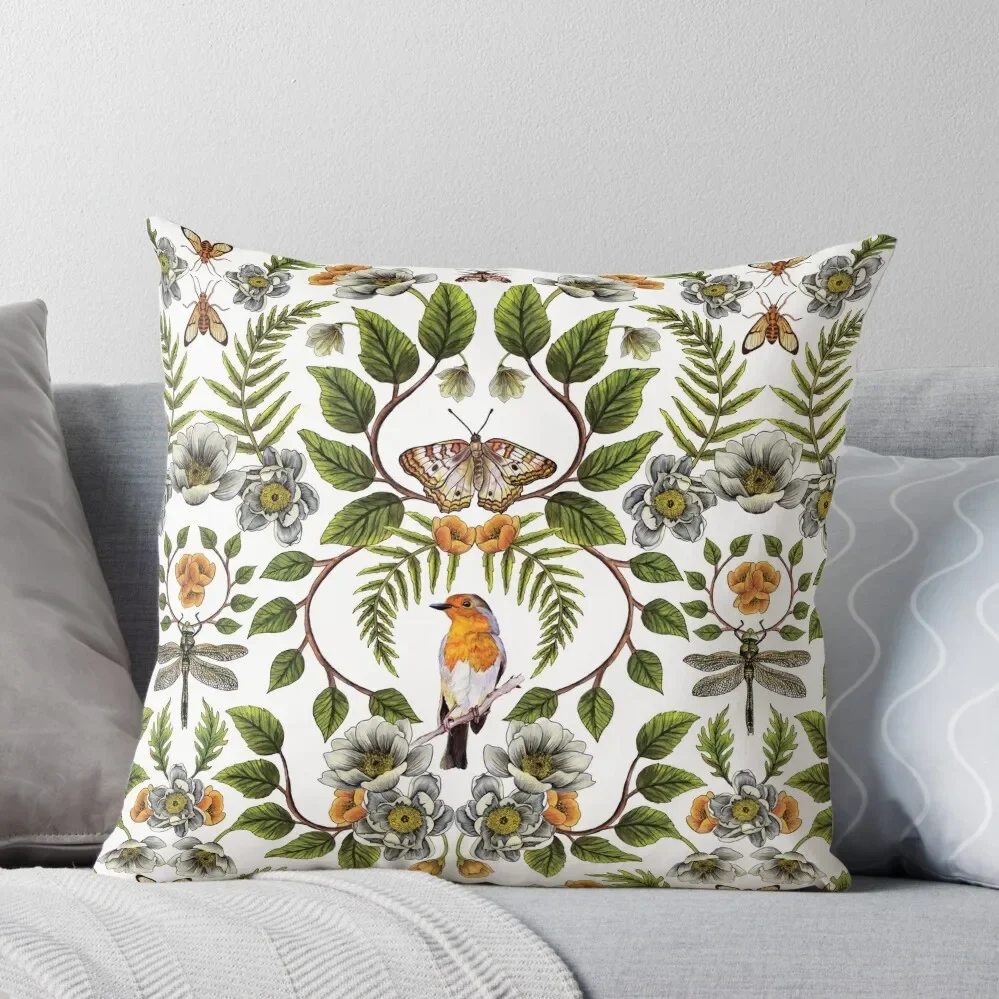 

Spring Reflection - Floral/Botanical Pattern w/ Birds, Moths, Dragonflies & Flowers Throw Pillow Pillow Decor Christmas Pillows