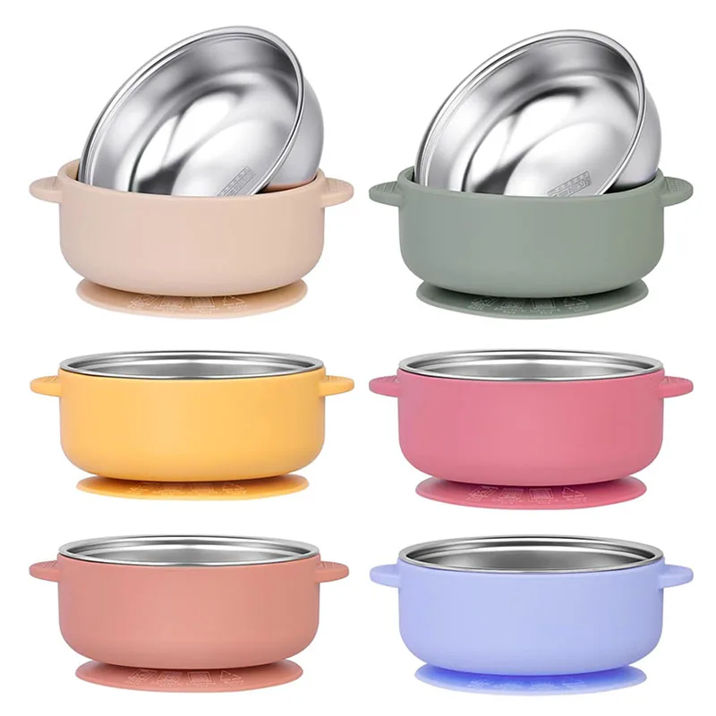 Silicone Sucker Bowl Detachable Stainless Steel Bowl Baby Feeding Tableware Infant and Baby Learning To Eat Silicone Feeding Set
