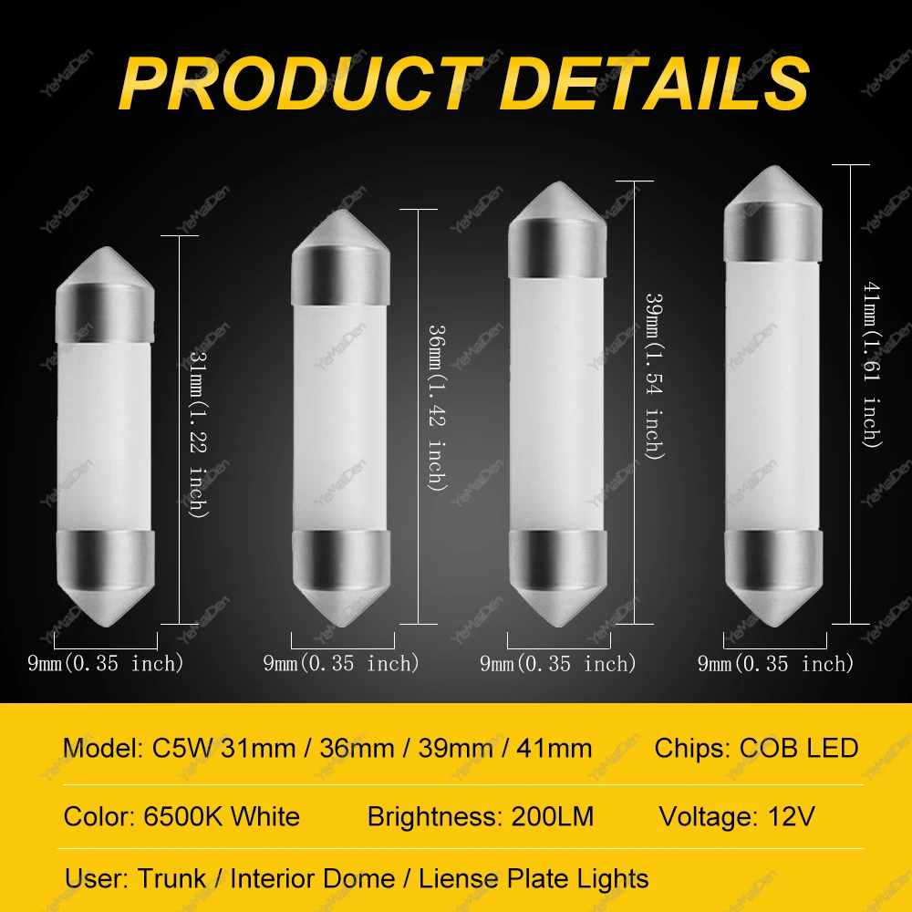 LED Car Light 1/4/10 PCS C5W LED Bulb Festoon 31mm-41mm C10W COB 12V 6500K White Car Interior Reading Light Trunk License Plate Lamp