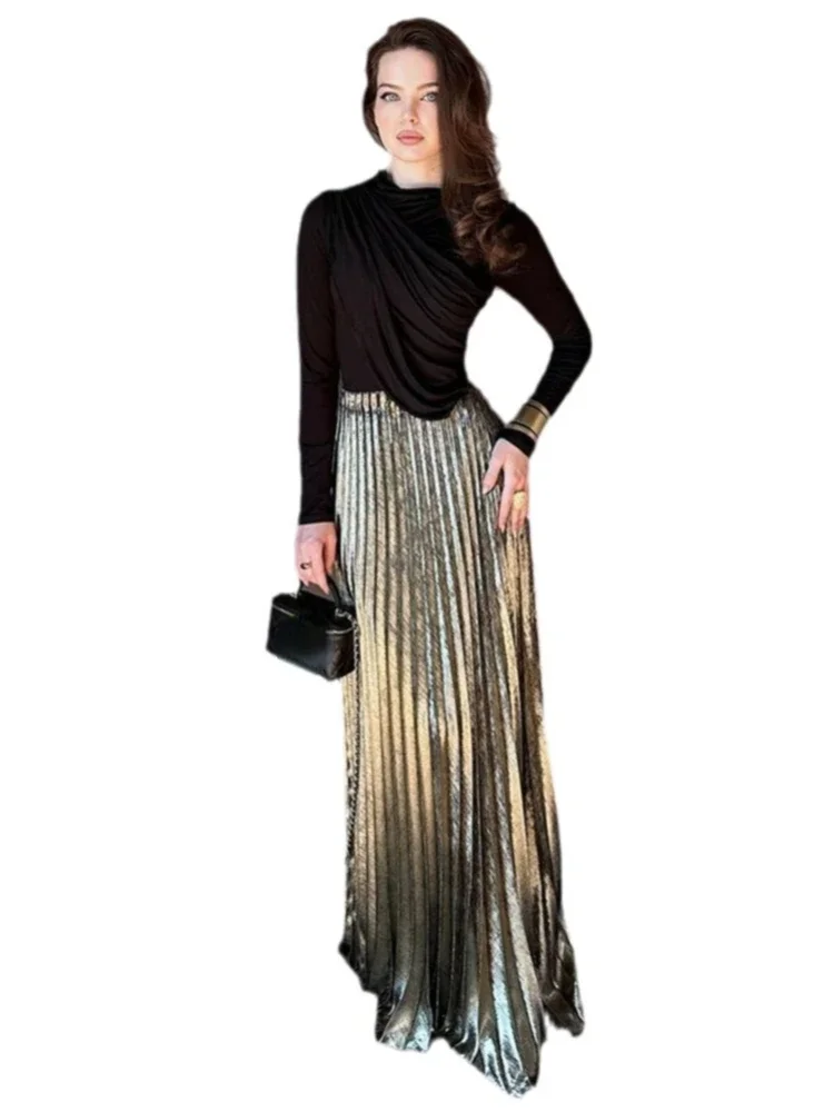 Temperament Elegant Women 2-piece Long Sleeve Pressure Pleated Top Halter Level Ankle Court Banquet Premium Sense female Sets